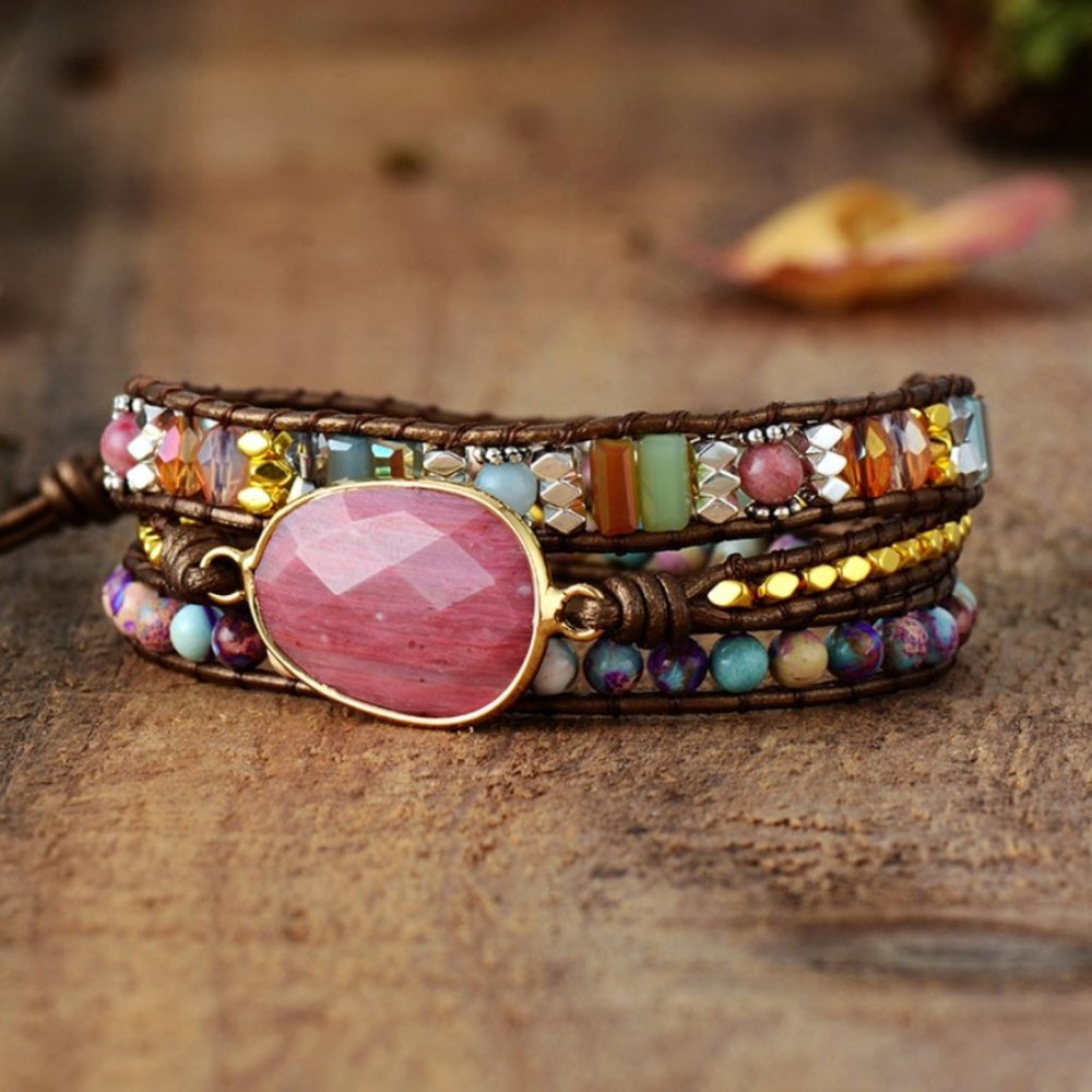 Boho Rhodochrosite Natural Stone Leather Bracelet - Picture 4 of 5